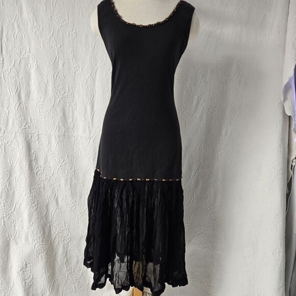 Express Black Beaded Dropwaist Flapper Dress Cotton Women Small 90s Art Deco - Picture 1 of 8